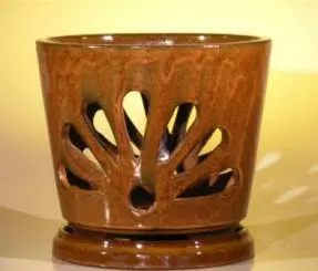 Ceramic Orchid Pot with AttachedTray 8.25"x7.25" Tall Aztec Orange Color - Round Sized to fit 8.0" Plastic Growing Pot