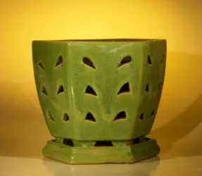 Ceramic Orchid Pot with AttachedTray 8.25"x7.25" Tall Lime Green Color - Hexagon Sized to fit 8.0" Plastic Growing Pot