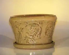 Olive Green Ceramic Bonsai Pot - Round Attached Matching Tray 9" x 5.5"