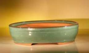 Ceramic Bonsai Pot Green Oval 14.5"x11.0"x3.5"