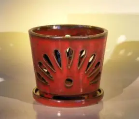 Parisian Red Ceramic Orchid Pot With Matching Saucer 10.25"x8.875"