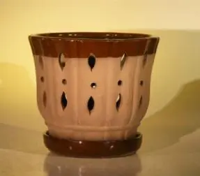 Ceramic Orchid Pot - 7.625" x 6.125" Round With Matching Attached Saucer