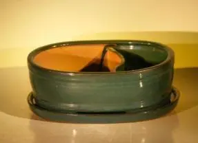 Dark Green Ceramic Bonsai Pot - Oval Land/Water with Attached Matching Tray 12.0" x 9.25" x 4.25"