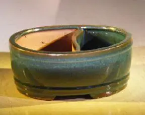 Blue/Green Ceramic Bonsai Pot - Oval Land/Water Divider 12" x 9.5" x 4"