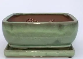 Melon Green Ceramic Bonsai Pot - Rectangle Professional Series with Attached Humidity/Drip tray 8.5" x 6.5" x 3.5"