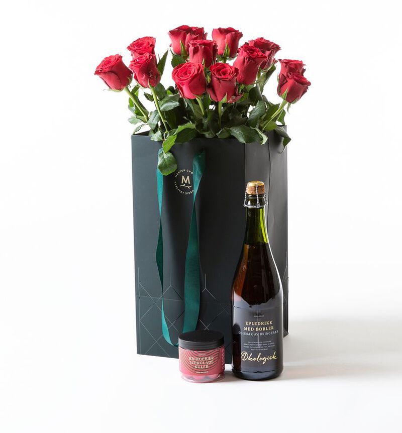 Red roses in gift bag with bubbles and chocolate (None selected)