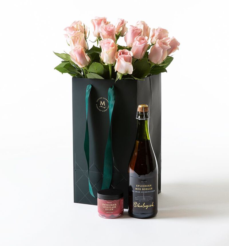 Pink roses in gift bag with bubbles and chocolate (None selected)