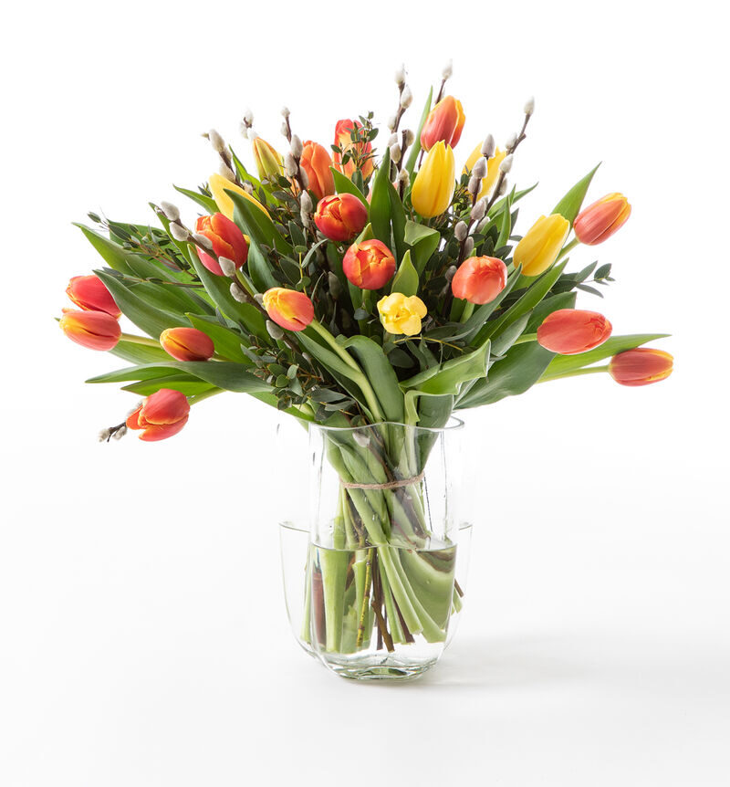 Tulip bouquet with goslings in warm colors, large