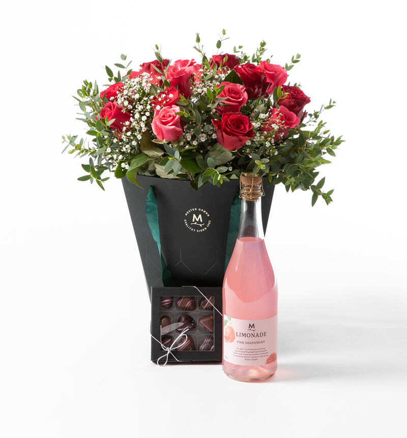 Rose bouquet in gift bag with lemonade and chocolates (None selected)