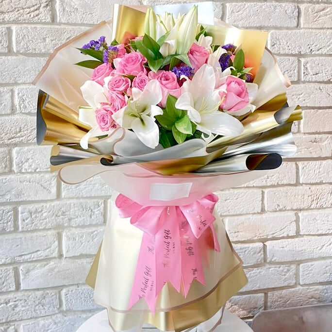 Pink Roses & Lilies Flower Bouquet (Small (same photo); mix of 20 flower stems)