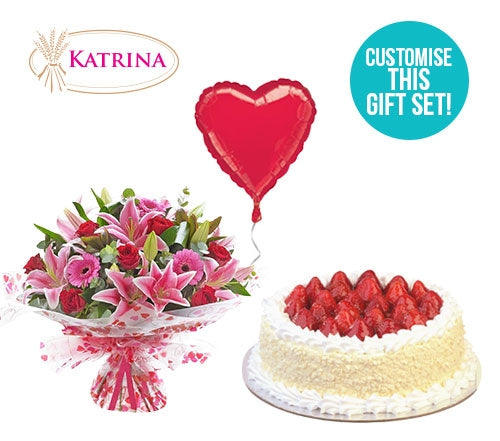 Strawberry Vanilla Cake & Pink Lilies Gift Set (Small Bouquet)