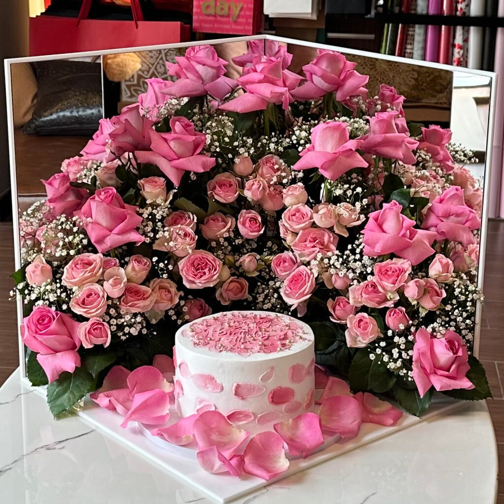Acrylic Mirror Cake & Roses Arrangement