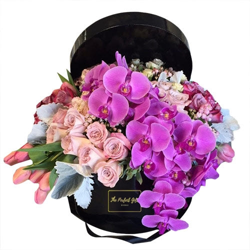 Orchids, Roses And Tulips Round Gift Box