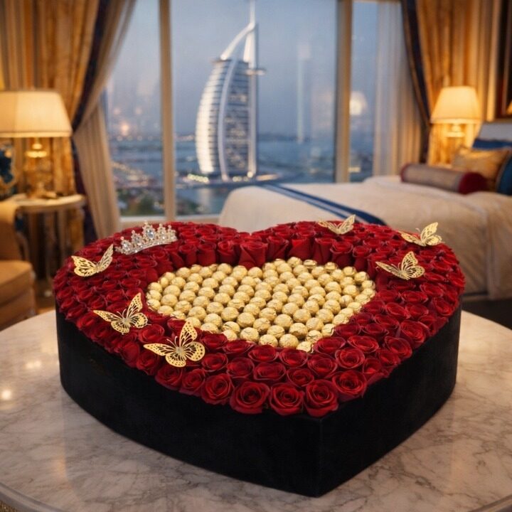 Heart Shape 800 Roses with Butterflies, Crown & Ferrero