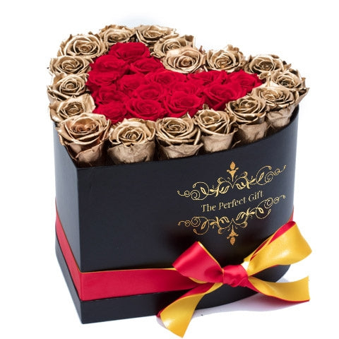 30 Red with Gold Outline Roses in a black Heart Box