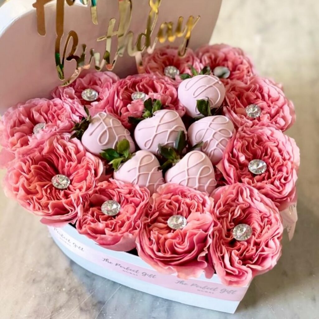 Pink Roses & Dipped Strawberries Heart Box