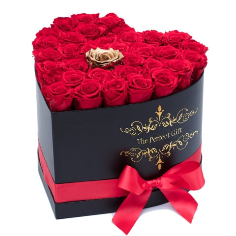 50 Red with a single Gold Rose in Black Heart Box
