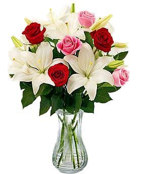 Casablanca lilies with red and pink roses - Best Seller!