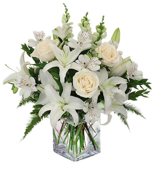 12 White Roses, Casablanca Lilies & Snapdragons (12 Stems)