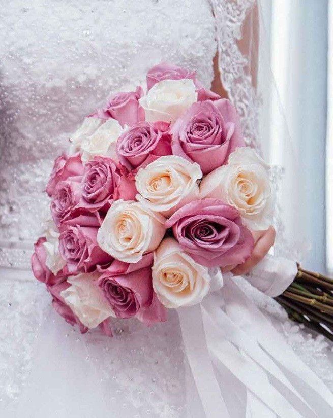 White & Pink Ecuadorian Roses Bridal Bouquet (12 Roses)