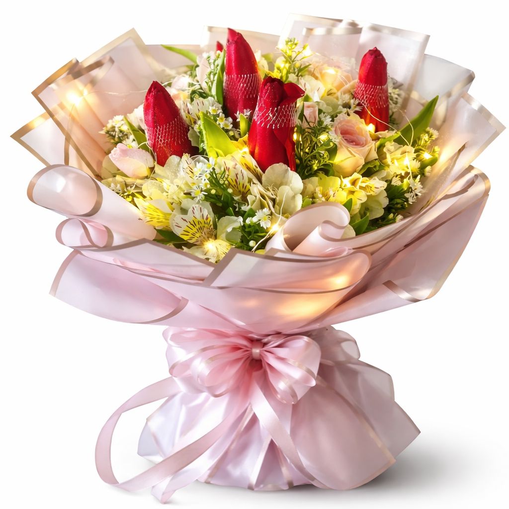 Fairy Lights Tulips, Roses & Lilies Bouquet