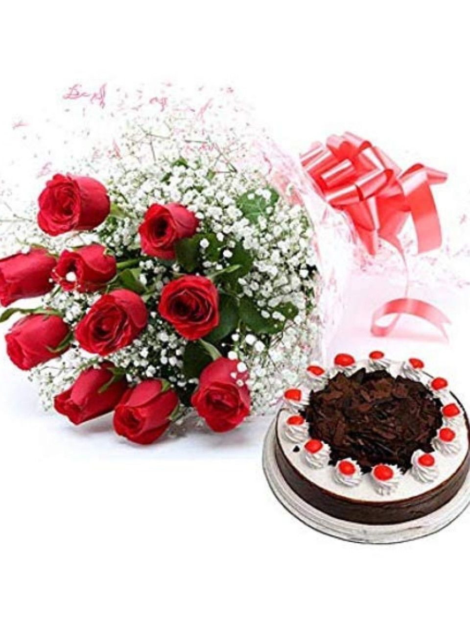 Dozen Roses & Black Forest Cake Package (12 Stems)