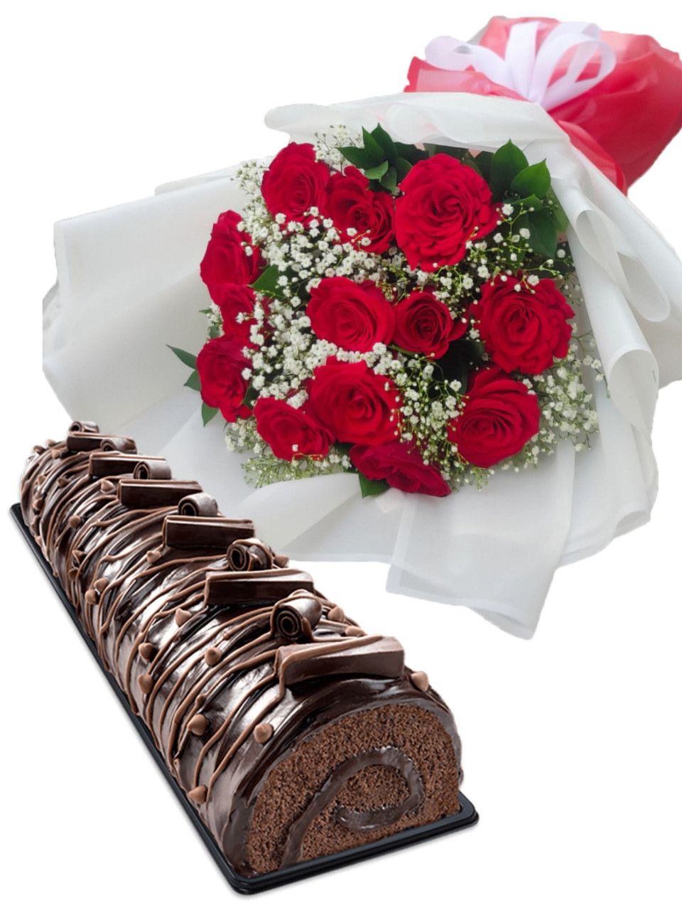 Dozen Roses & Roll Cake Package (12 Stems)
