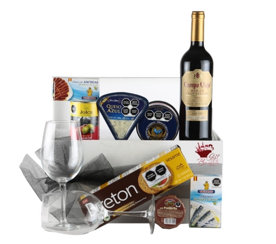Gift with Red Wine and Variety of Gourmet Products