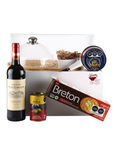 Gift Box with Gourmet Serving Set, Wine, Cheese, Snacks and More