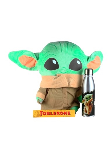 Baby Yoda with water bottle and Toblerone Chocolate