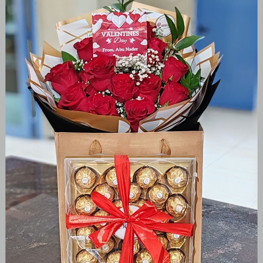 Premium 10 Red Roses Bouquet with Ferrero Rocher