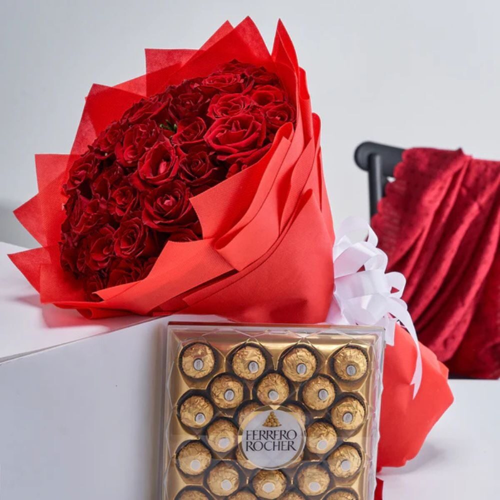 40 Red Roses Bouquet & Ferrero Rocher Chocolates 300g