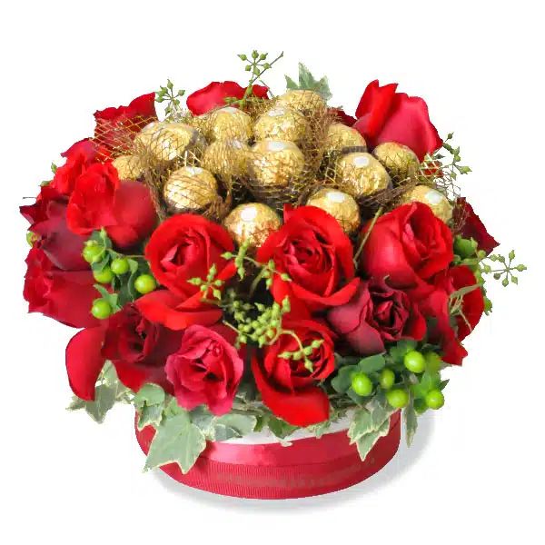 Rocher Pride – Flowers & Chocolate Gift (Rocher Pride - 12 Roses and 8 Rochers - Chocolate Bouquet)