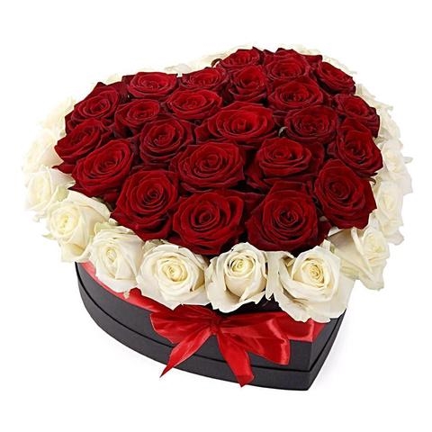 HEART BOX OF RED AND WHITE ROSES