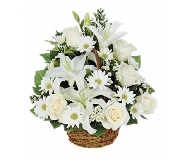 basket of white seasonal flowers