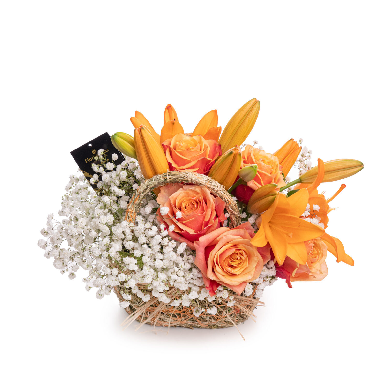 Basket of roses and orange lilies