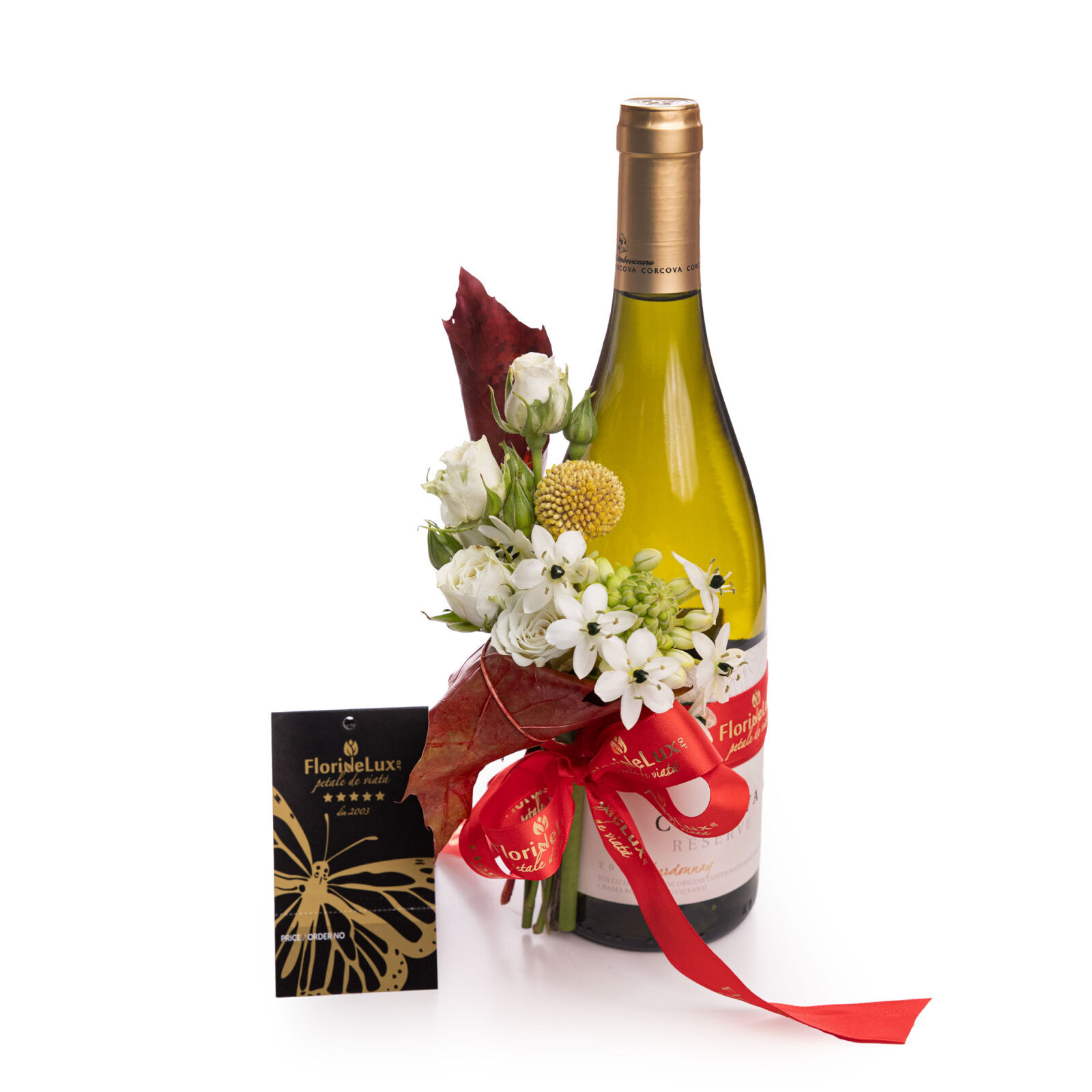 Corcova Chardonnay wine decorated with white flowers