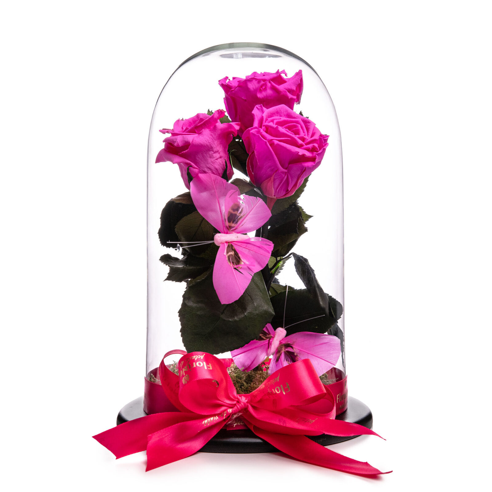 Dome with 3 pink cryogenic roses and accessories