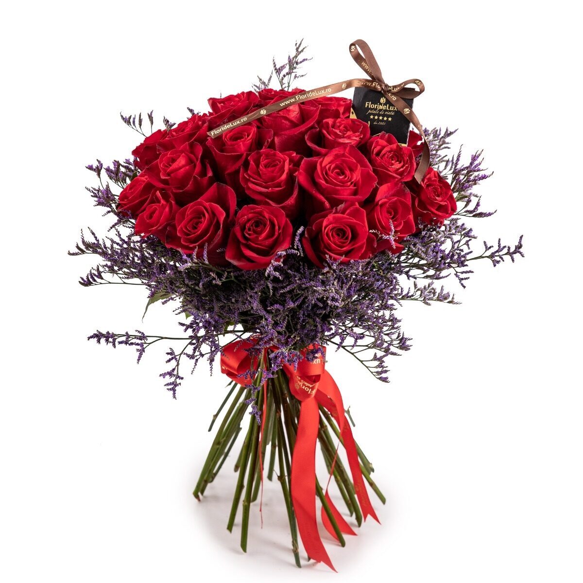 Bouquet of red roses and lilac decoration (standard)