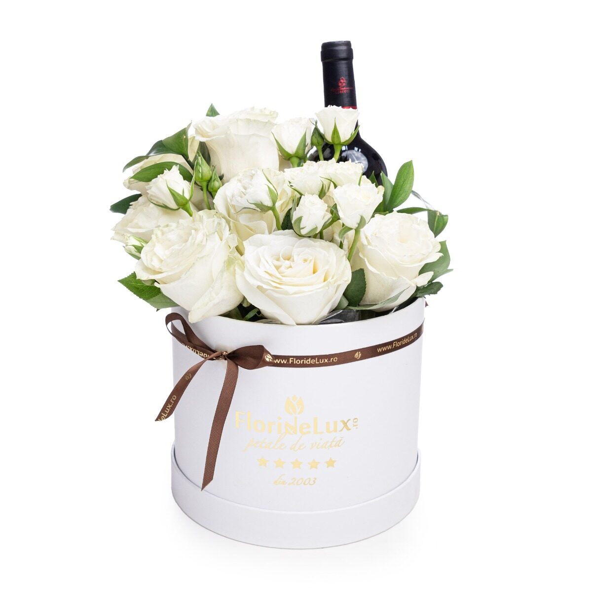 Elegant gift of flowers and wine