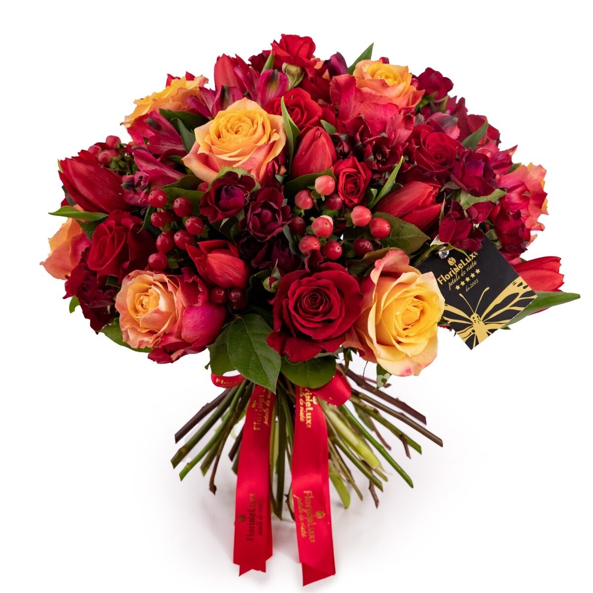 Red roses and tulips like fire in the bouquet (standard)