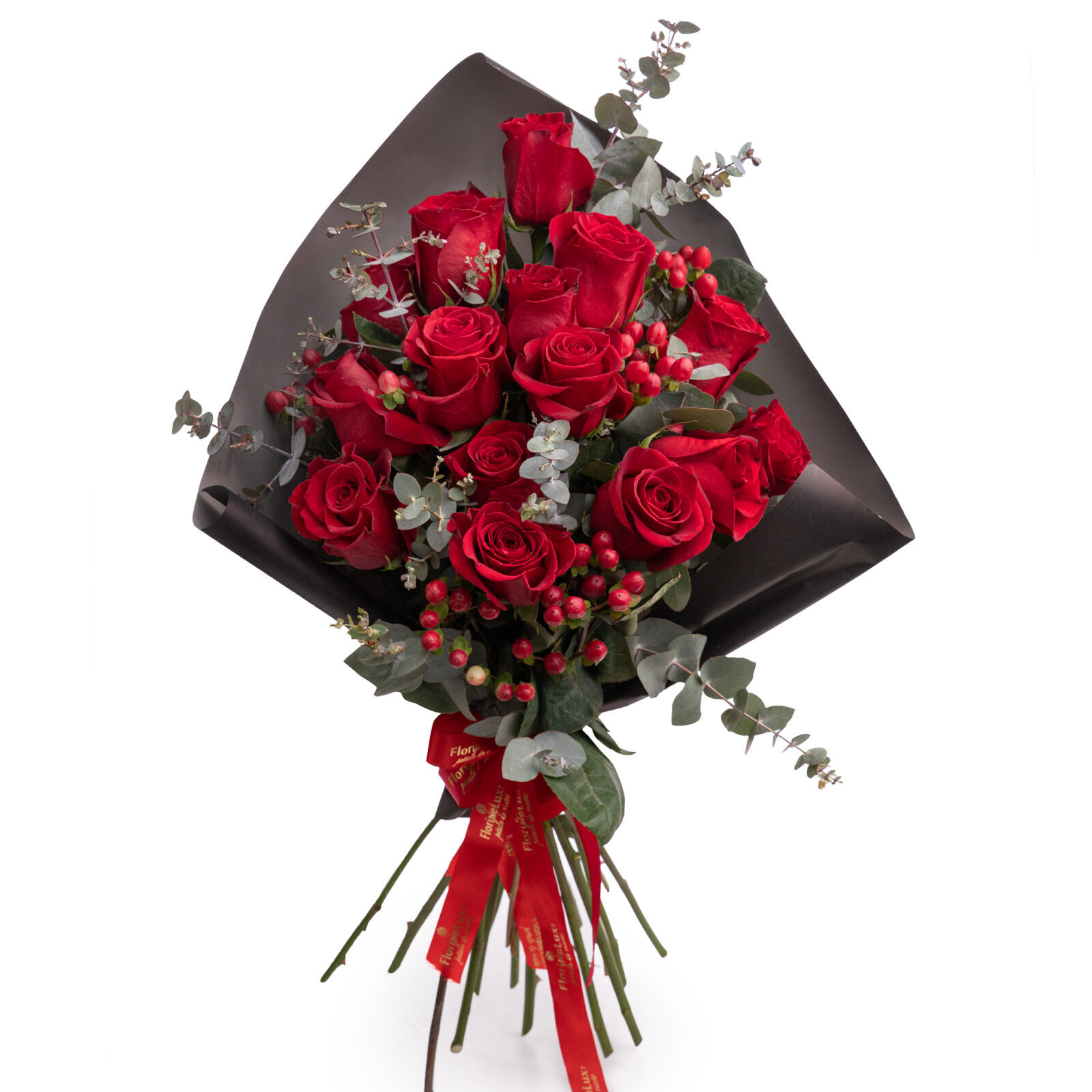 Bouquet of red roses, hypericum (Standard)