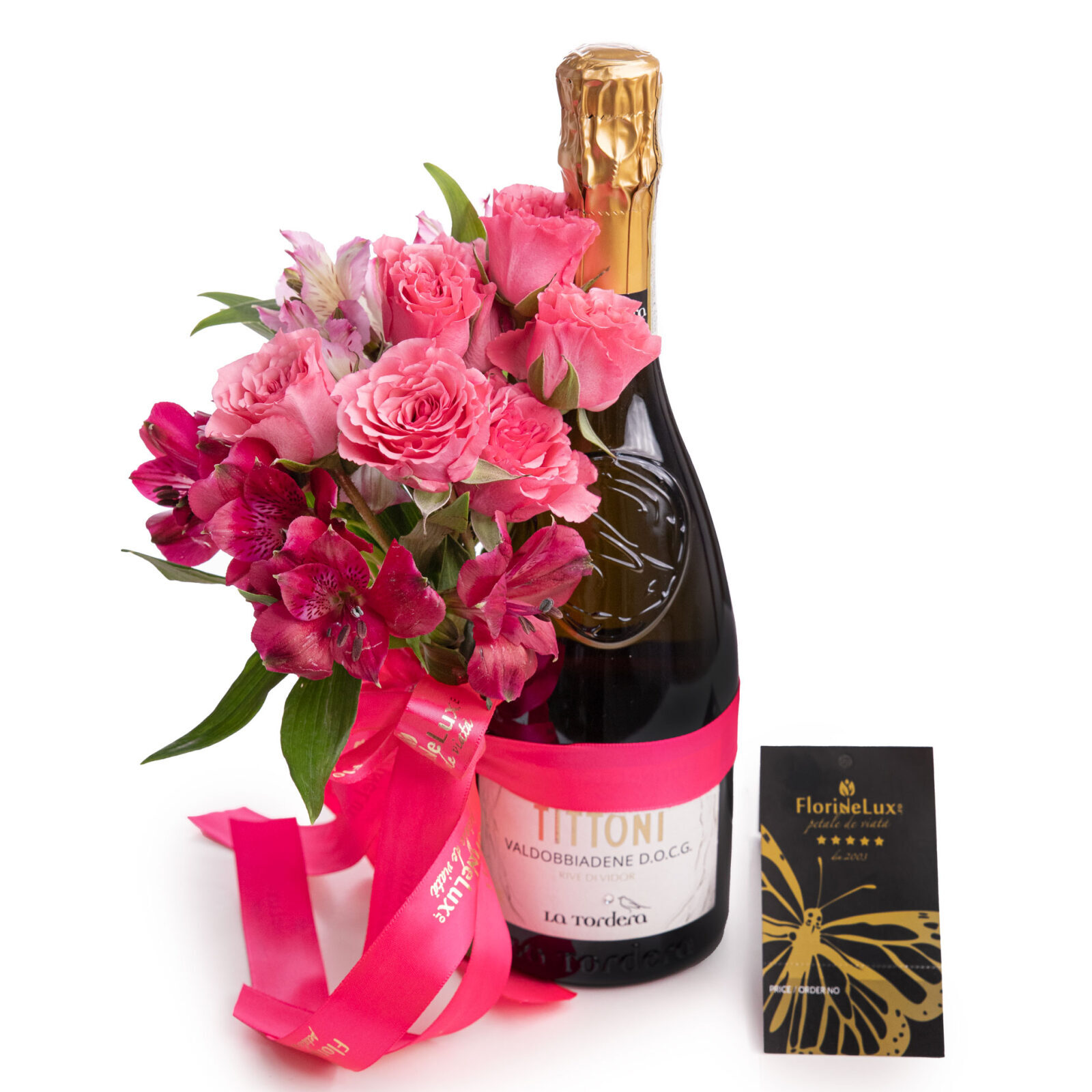 Arrangement of roses and premium Prosecco