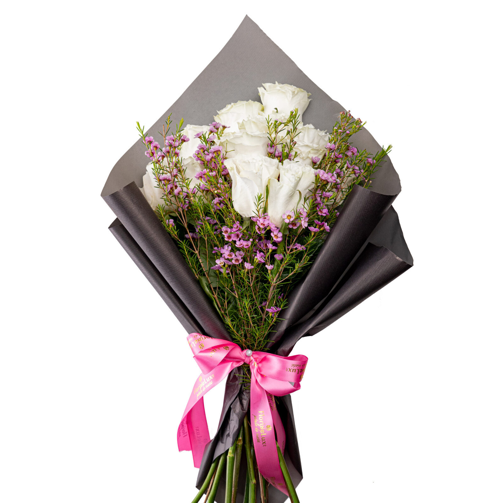 Bouquet of white roses and pink chamelaucium (Standard)