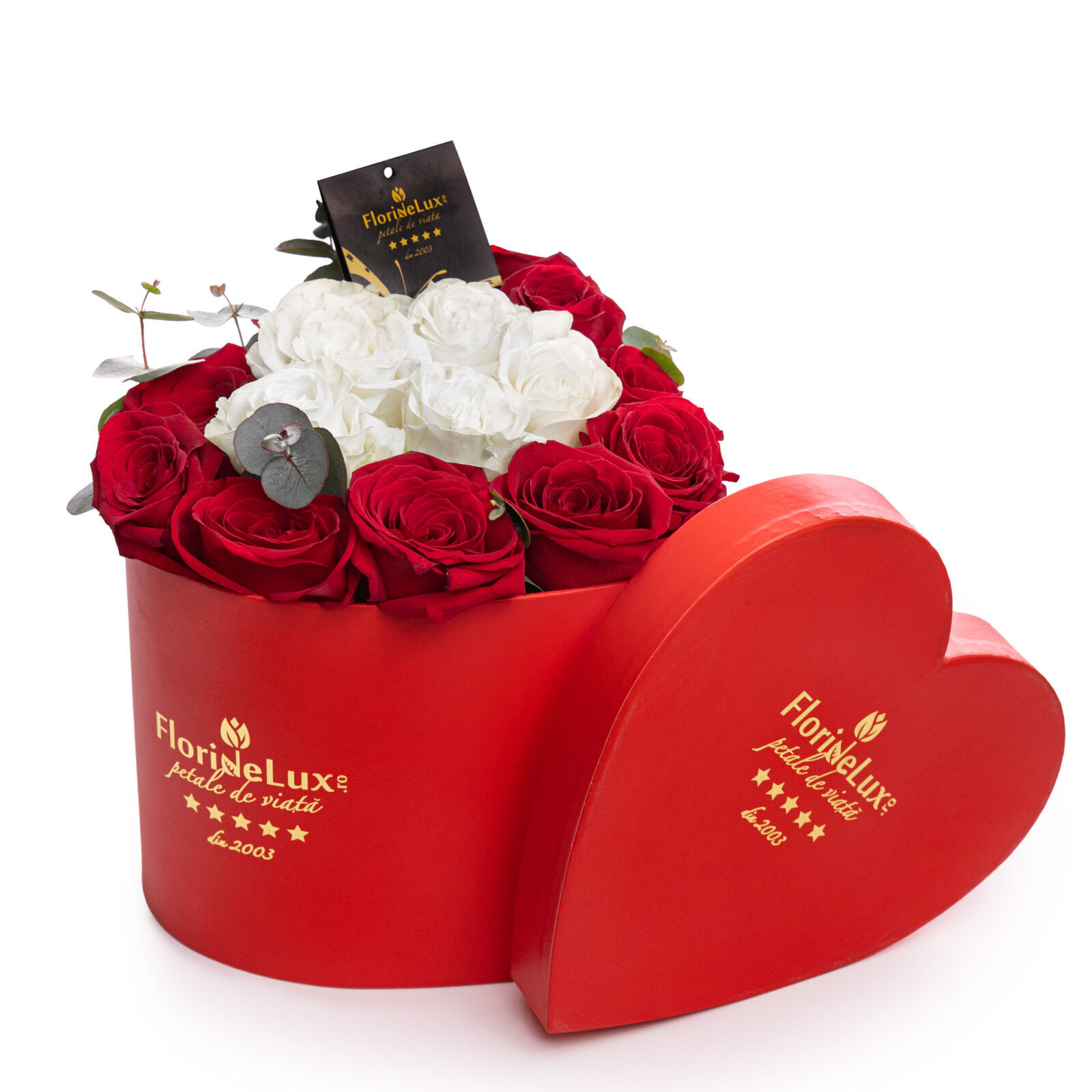 Red and white roses heart box (standard)