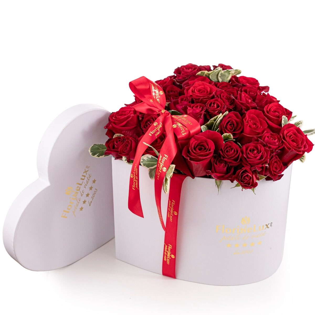 White heart box with red roses (standard)