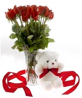 15 Red Roses & Teddy Bear