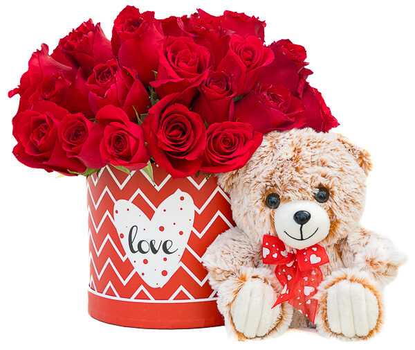 Red roses in Love box with bear