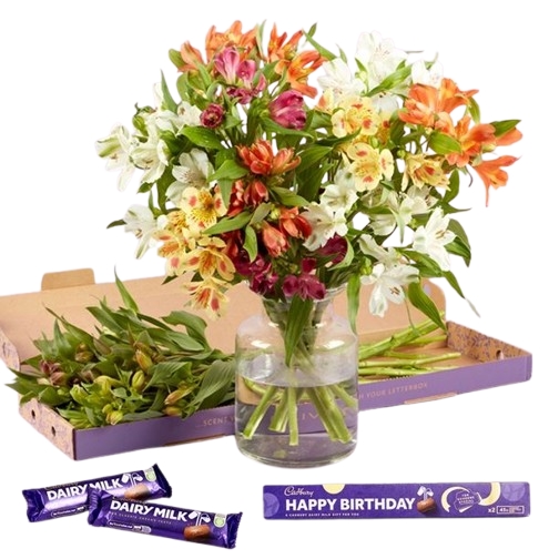 Autumn Alstroemeria Letterbox with Happy Birthday Cadburys