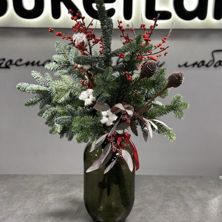 Winter composition in a vase made of natural pine needles (Usual)